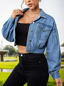 Women's Vintage Aesthetic Fitted Denim Jacket, Long Sleeve Lapel Collar, Front Button Closure, Short Design with Pockets, Casual Fall & Winter Coats Outerwear, Womenswear
