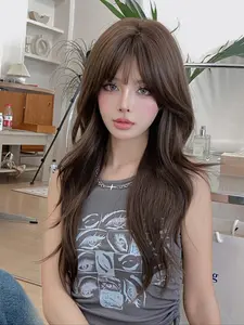 22 Inch Long Wavy Wigs for Women, Gorgeous Fluffy Wigs with Bangs, Synthetic Full Machine Wigs for Party, Daily Use
