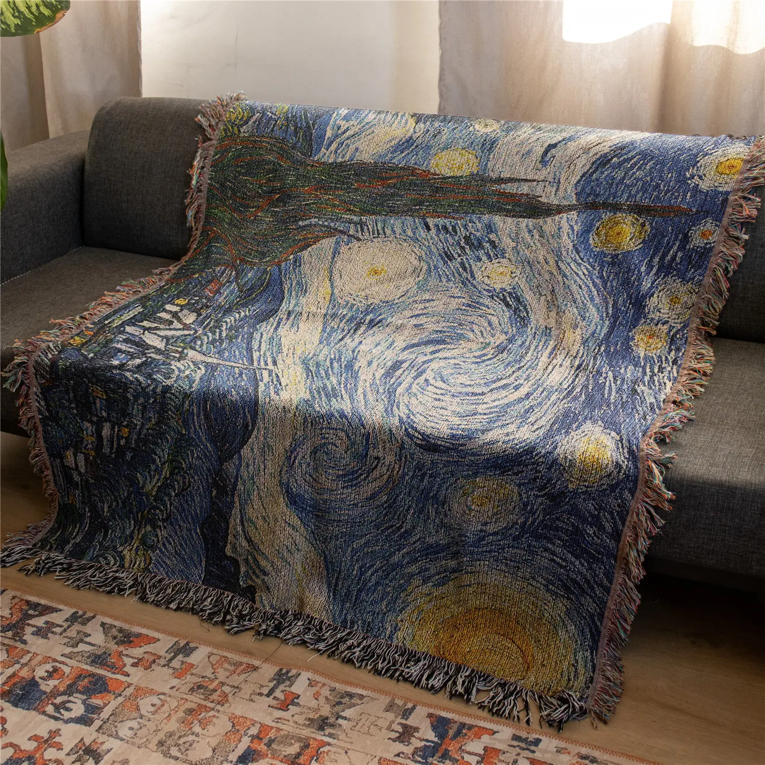 Van Gogh's Starry Night Pattern Bohemian Yarn Jacquard Woven Blanket with Tassel, Thick Soft Washable Blanket, Used for Home Decor Sofa Chair Bed Tapestry Tablecloth Floor Garden Picnic Outdoor Camping, Blanket with Tassels, Soft Warm Throw Blanket