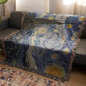 Van Gogh's Starry Night Pattern Bohemian Yarn Jacquard Woven Blanket with Tassel, Thick Soft Washable Blanket, Used for Home Decor Sofa Chair Bed Tapestry Tablecloth Floor Garden Picnic Outdoor Camping, Throw Blanket