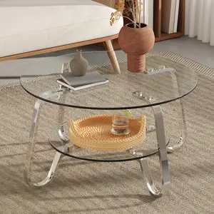 Round Coffee Table Living Room Center Table Double-Layer Tempered Glass Coffee Table Retro Minimalist Style, 31.5 * 31.5 * 17.7 inches