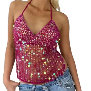 Women's Halter Neck Vest Summer Sleeveless Open BackFit Tie Up Sequins Tank Tops