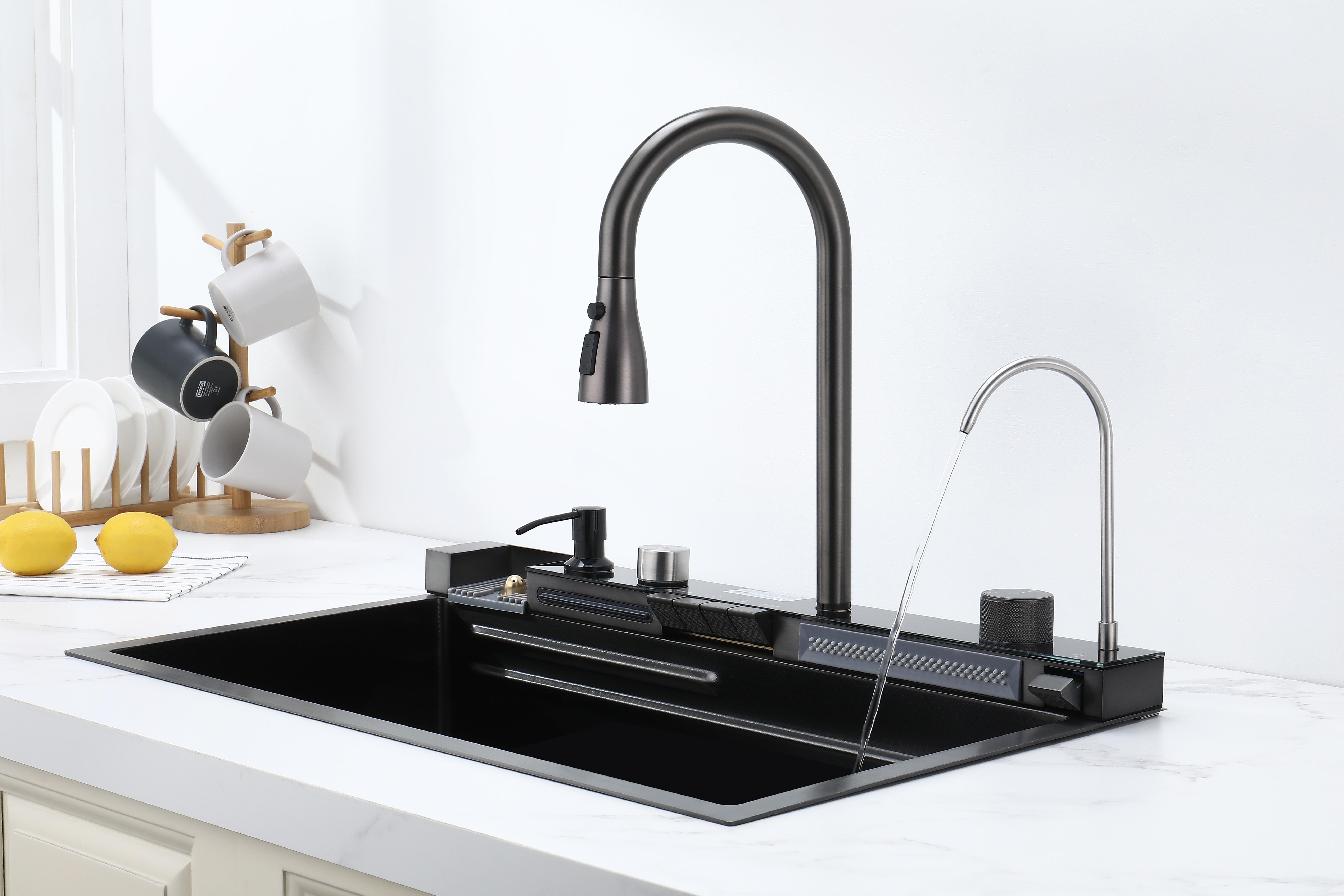 30 Inch Kitchen Sink with Smart Digital Display, Water Powered Piano Key Control, 3 Water Modes Pull Out Faucet, Dual Knob Design, Honeycomb Coating, Compatible with US Standard Garbage Disposal