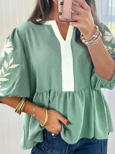Women's Smoke Green Color Block Patchwork V-Neck Embroidered Puff Sleeve Babydoll Blouse, Casual Everyday Flowy Summer Tops for Women, Cute Preppy Peplum Shirts, Chic Boho Embroidered Blouses, Romantic Aesthetic Apparel