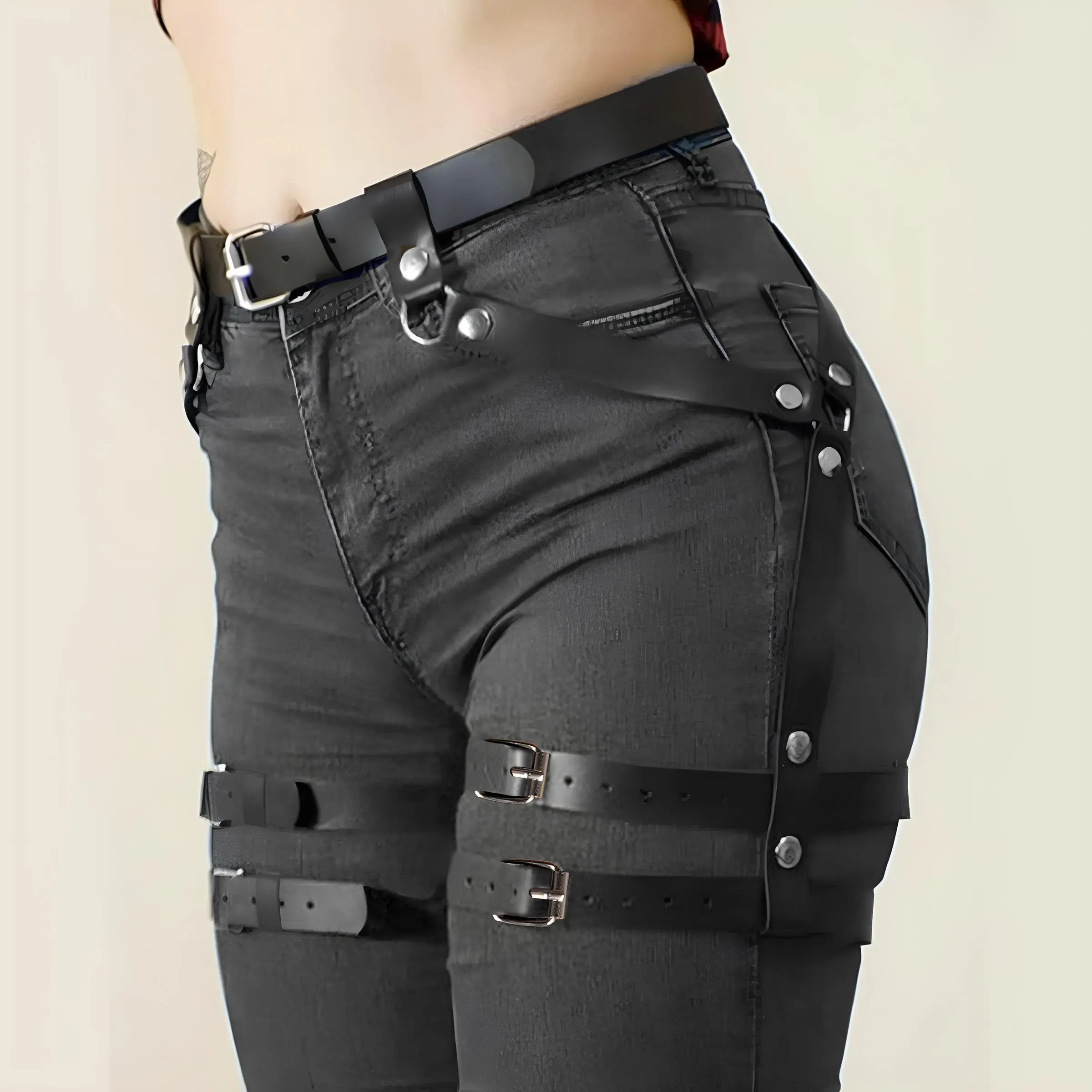 Female Punk Heavy Duty Soft PU Leather Adjustable Alloy Rivet Belt, Goth Outfit Fashion Waist & Thigh Harness Accessory, Punk Style Belt, Belts