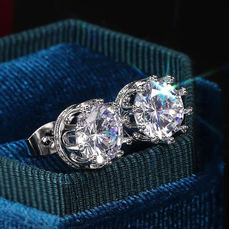 Crown Gold-Tone Stud Earrings - S925 Silver 4-Prong Setting, 1CT D/VVS1 & 2CT Options, Luxury Mothers Day Gift, Complements Any Outfit, With Jewelry Box, Crown GT M Studs*1 for Women/men