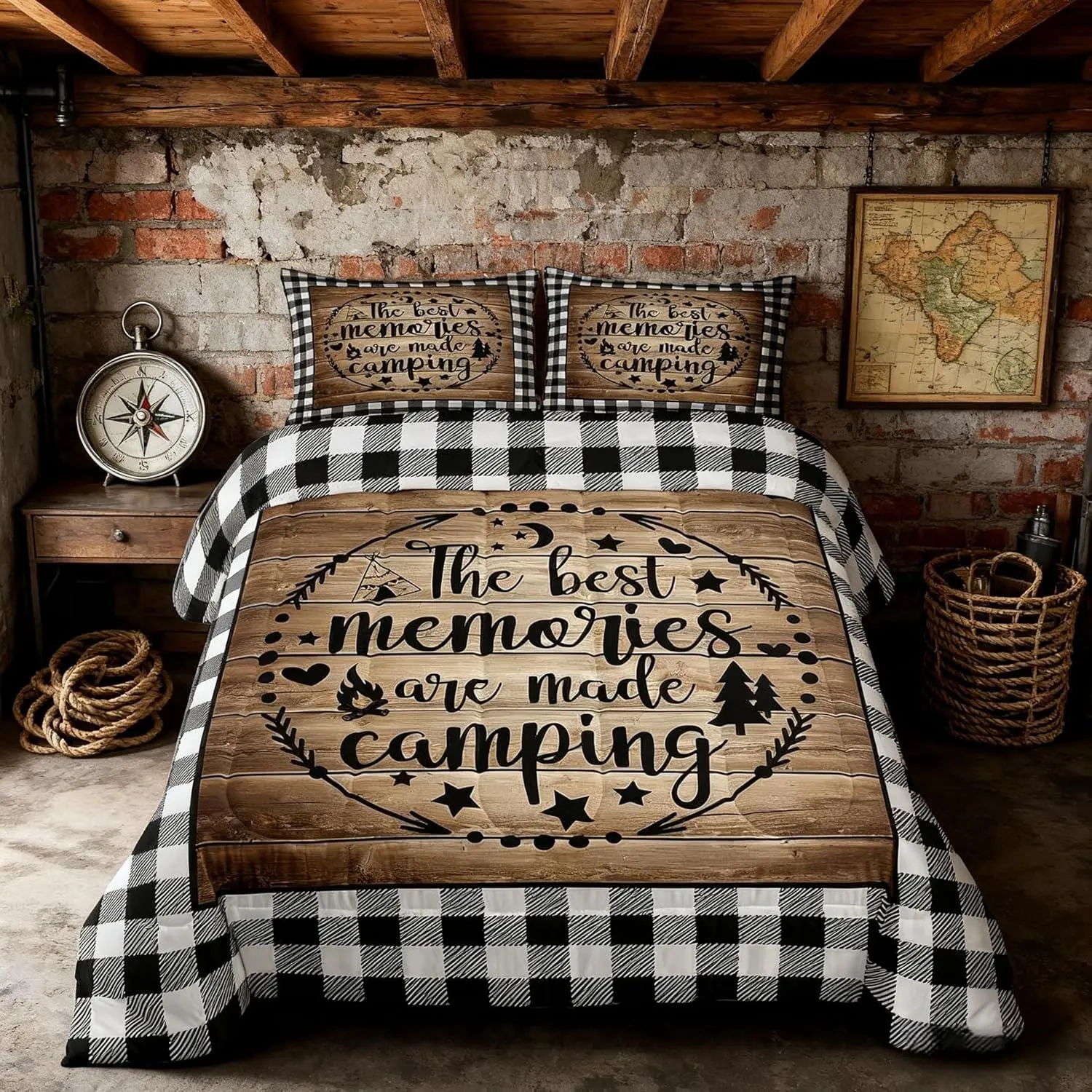 Happy Camping Comforter Set,Camper RV Trailer Decor Bedding Set for Kids Boys Girls Adults,Rustic Wooden Plank Geometric Grids Down Comforter