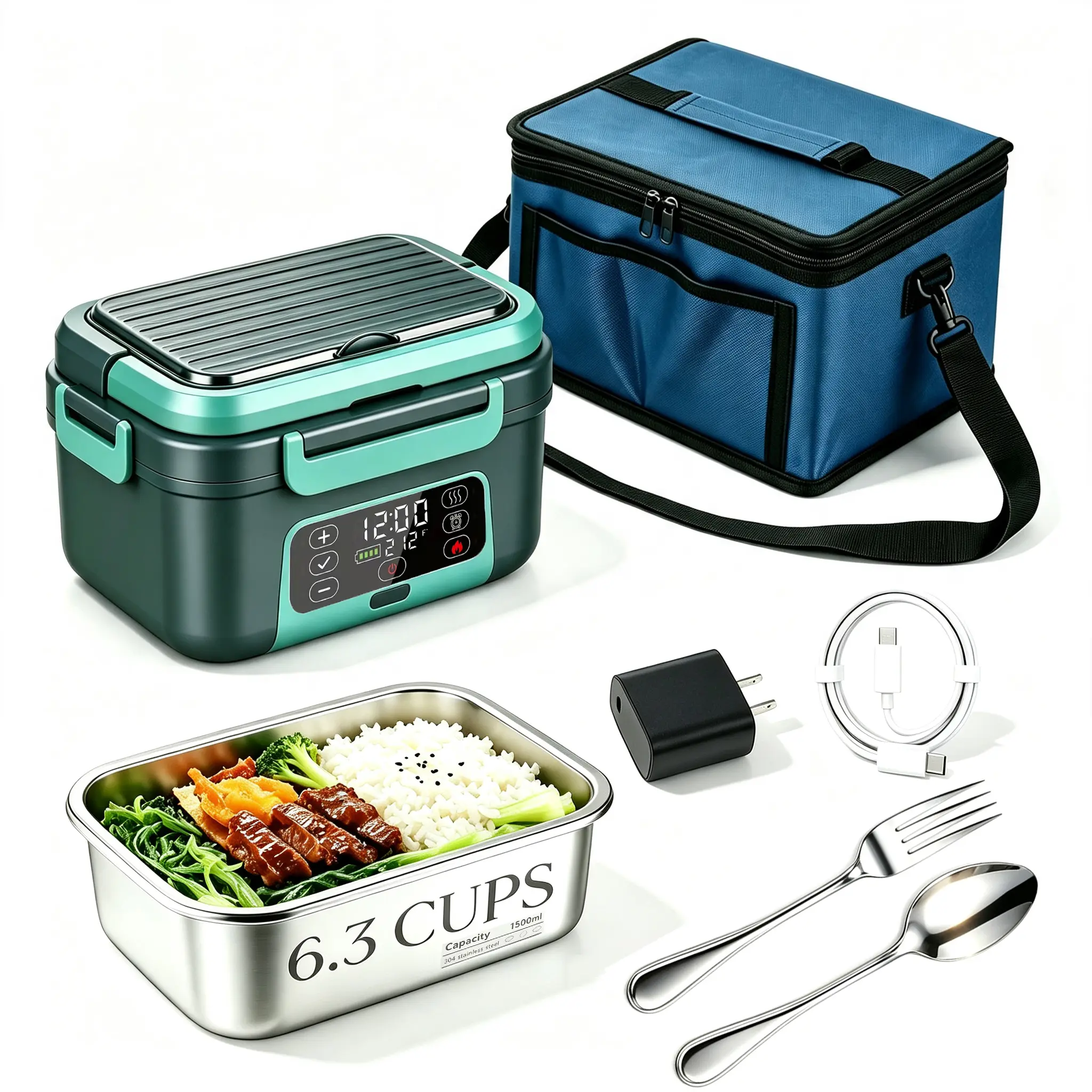 Cordless Electric Heated Lunch Box - 1.5L (6.3Cups) 20000mAh Rechargeable Battery-Powered Electric Food Steamer, Automatic Heating, Smart Timer, BPA-Free, Includes Spoon, Insulated Carry Bag, Removable Tray Divider, Ideal for Car, Work