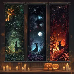 3 Counts Halloween Hanging Banner, Witch In Forest Triptych, Halloween Mural And Decorative Posters, Fun Party Decorations, Horror Themes, Living Room, Bedroom, Home Posters, High Definition, Waterproof, Ideal Gifts, Party Decorations Banners
