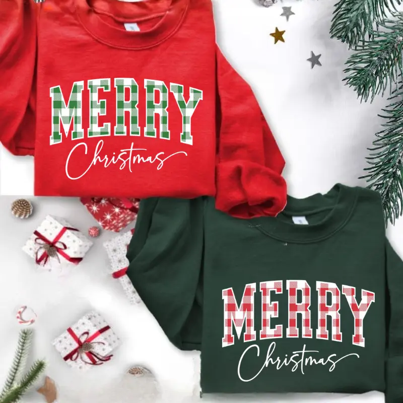 Women's Aesthetic Buffalo Plaid Christmas Crewneck Sweatshirt - Spandex Fabric, Hoodie-Compatible, Cute Winter Holiday Top, Xmas Family Gift, Matching Sweatpants Option