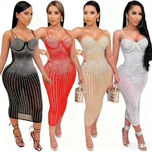 X3805 cross-border new European and American fashion women's clothing Party nightclub mesh perspective rhinestone Diamond strap dress