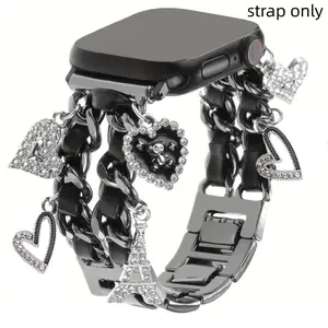 1PC metal double chain heart-shaped teddy bear AppleWatch bands, Smart Watch Accessories, compatible with Applewatch 38/40/41/42/44/45/46/49mm, suitable for Applewatch series Ultra/SE/9/8/7/6/5/4/3/2/1 (strap only, watch and case not included)