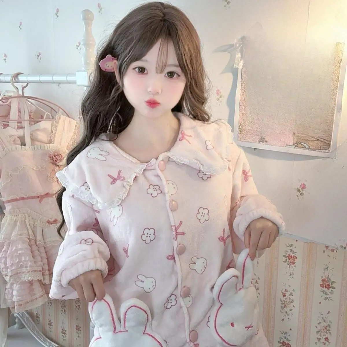 Kawaii Miffy Rabbit Long-Sleeve Pajama Set for Girls, Pink Flannel Thick Fleece Cartoon Nightwear, Cozy Loungewear Pyjamas
