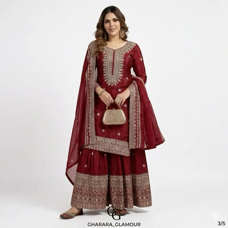 Women's Casual Embroidered Long-Sleeve Indian Gown - Original Lady Costume with Matching Accents, Accessories, Red Womenswear Dress, Costumes With Accessories