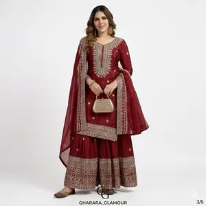 Indian Dress - Women's Casual Outfit with Long Sleeves, Embroidered Design, and Matching Outfit in Red - Womenswear