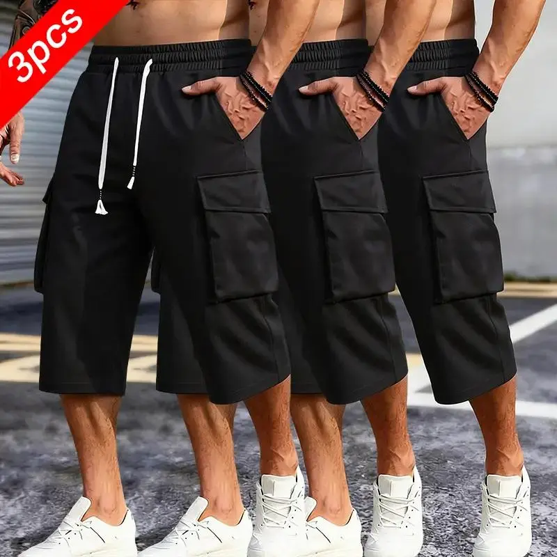 Men's 3-Pack Lightweight Outdoor Cargo Shorts, Drawstring Waist, Cargo Pockets - Practical for Camping, Hiking, Casual Athleisure Shorts, Menswear Beige, Casual Athletic Shorts