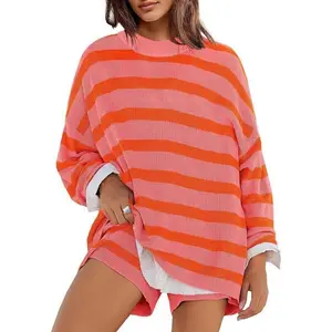 Women's Striped Sweater Suit Oversized Casual Suit Matching Pajamas Long Sleeve Sweater Top and Shorts Loungewear Nightwear Batwing Homewear Womenswear Pjs