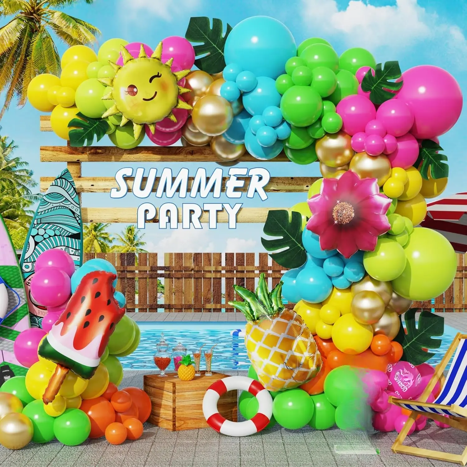 Summer Tropical Balloon Arch Kit,129Pcs Hot  Green  Balloon Garland with Watermelon Ice Pop,Sun,Pineapple,Flower Foil Balloons for Hawaiian Luau  Shower Birthday Pool Party Decoration