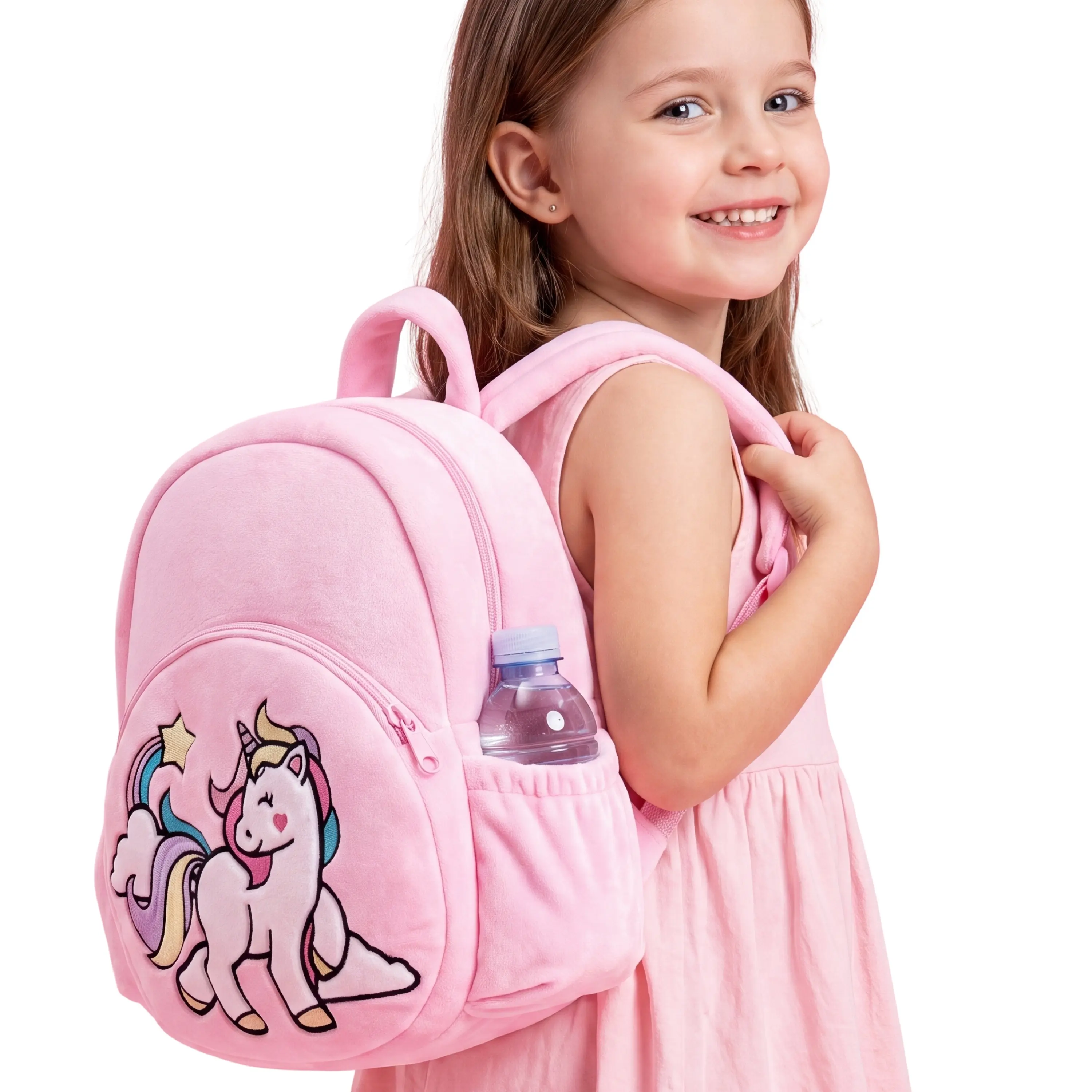 Plush Cat & Unicorn Kids Backpack, 11-Inch Toddler School Bag with Padded Strap, Double Pockets & Elastic Side Mesh Pockets for Back to School Haul, First Day School Grwm