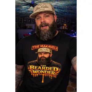 Men's Cotton Casual Breathable Short-Sleeve Ribbed Knit Top - The Bearded Wonder T-Shirt, Bearded Portrait Design, QR Code on Back, Menswear Essential
