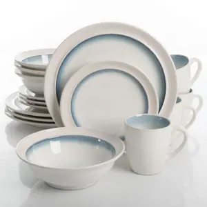 Elite Lawson 16 Piece Versatile Glazed Dinnerware Dish Set, White/Teal - Perfect for Any Occasion