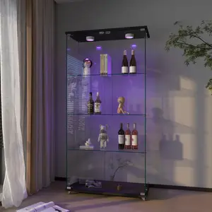 Modern Glass Display Cabinet with LED lights, Quick-assembly Antique Cabinet, Tempered Glass Bookshelf, Suitable for Living Room and Bedrooms, 2-door 4-shelf, Black