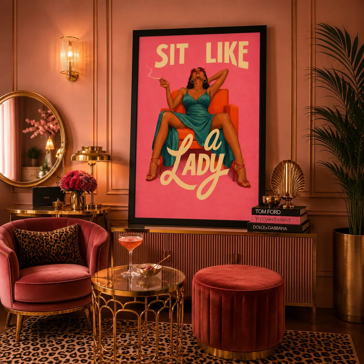 Retro Glamour Artistic 'Sit Like a Lady' Canvas Art Print - Bold Pink & Teal Confident Woman Smoking Poster, Feminist Empowerment Wall Decor for Living Room, Bedroom