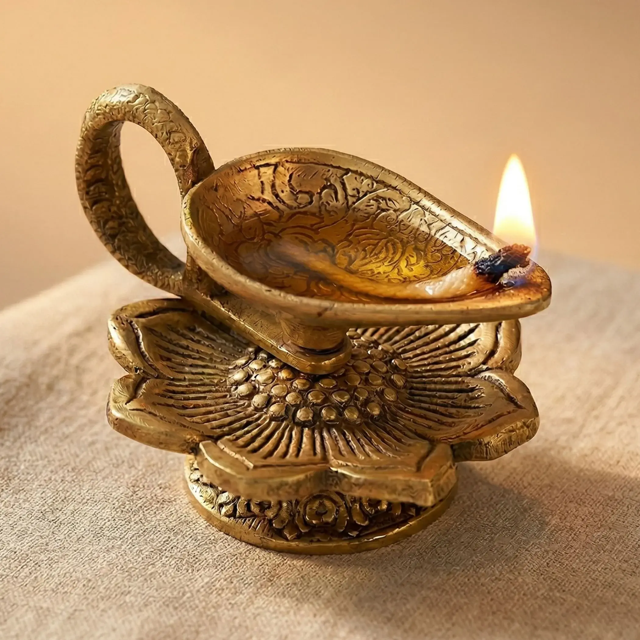Lotus Brass Finish Diya for Pooja | Sacred Oil Lamp for Home Temple, Diwali, Festivals | Heartfelt Spiritual Gifts