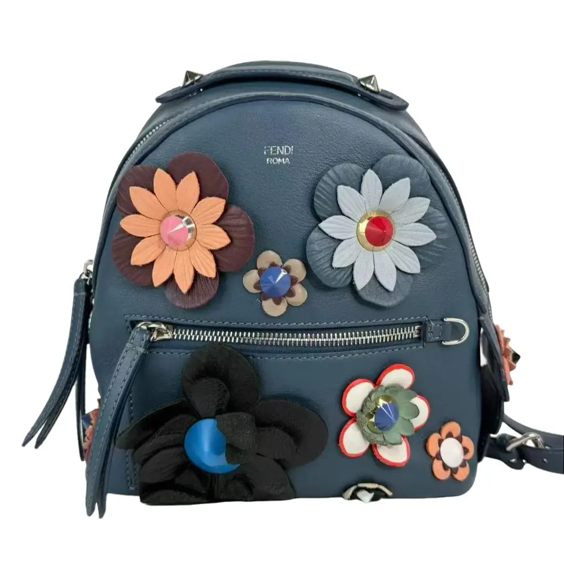 Pre-owned FENDI Leather Backpacks Blue Mini Flower Applique Backpack