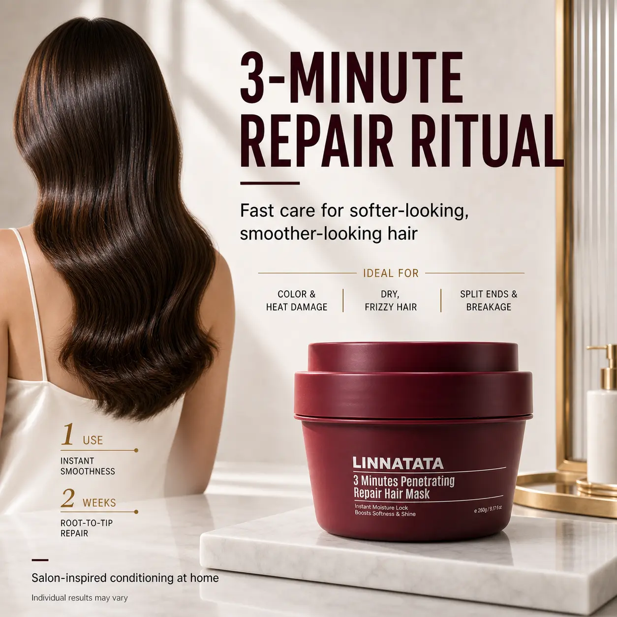 LINNATATA Luxury Squalane & Macadamia Oil Bond Repair Hair Mask, Salon-Quality Aroma Cream Deep Conditioner for All Hair Types - Restores Smoothness, Softness & Shine