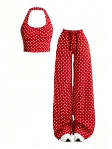 American Style Y2K Fashion Polka Dot Set, Crop Top + High Waist Wide Leg Pants, Perfect for Streetwear, Parties, Travel, Women's Clothing, Womenswear, Outfit