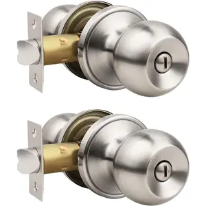 2 Pack Privacy Door Knobs Satin Nickel, Keyless Interior Door Knobs for Bedroom and Bathroom, Round Stainless Steel Door Handles with Classic Design