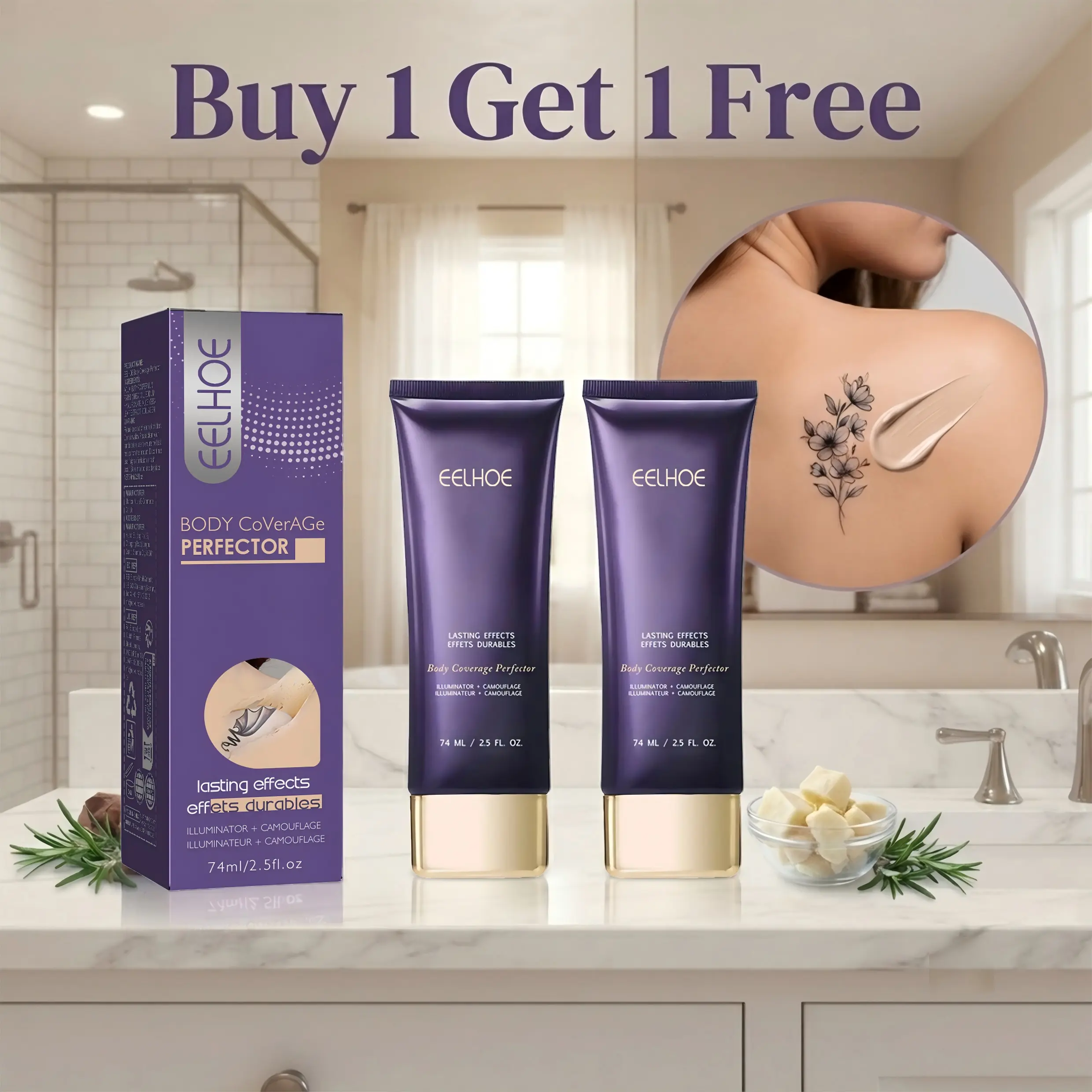 EELHOE 2 Pack Body Coverage Perfector (Buy 1 Get 1 Free, 2.5 FL OZ), Lightweight Blendable Flawless Body Concealer, Long Lasting Camouflage Makeup to Cover Scars, Dark Spots & Veins for Full Body