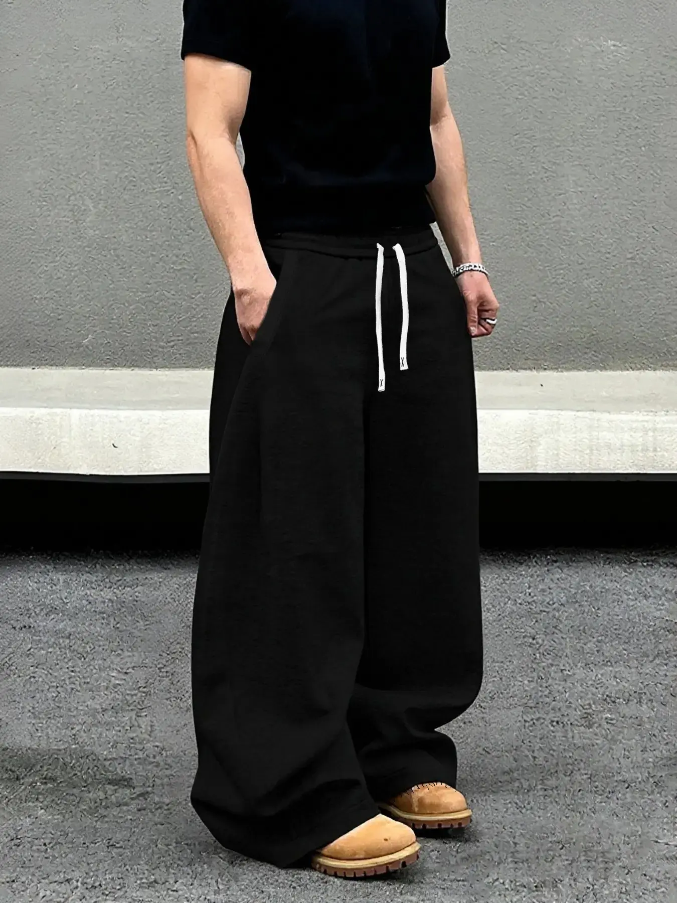 Men's Street Fashion Style Plain Solid Color Straight Leg Oversized Loose Fit Sweatpants, Summer Fitted Knit Fabric, Breathable, Comfortable Casual Wear