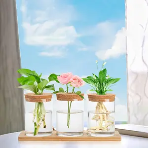 3 Pcs Acrylic Vase with Bamboo Tray Plant Home Decoration Terrarium Propagation Stations, Tabletop Water Planting, Clear Jars Containers for Grow Hydroponic Plants Home Office Decoration, Modern Plant Vase