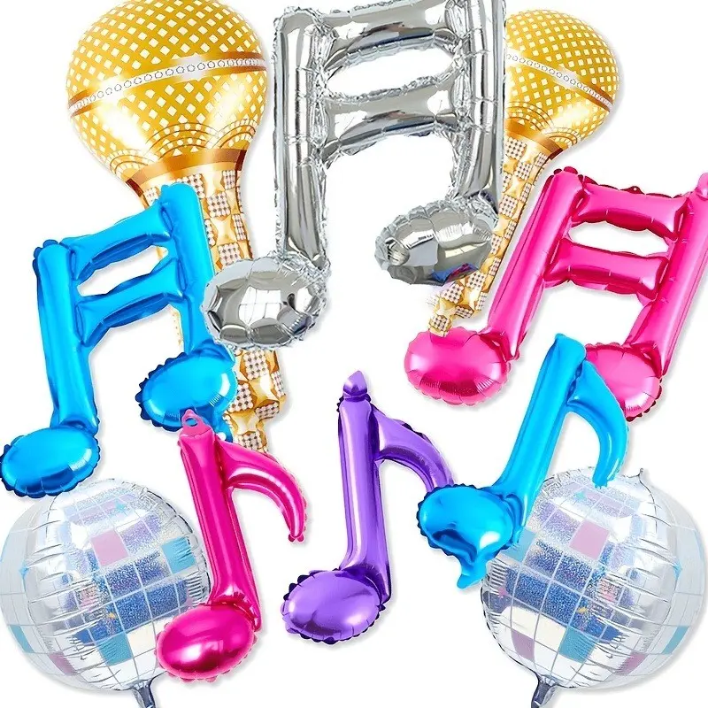 10 Piece Blue Balloons, K-Pop Music Birthday Party Decor, Inflatable Disco Ball, Microphone, Notes, 50s Concert Aluminum Foil Balloons, Karaoke Party Decor, Party Balloons Decorations