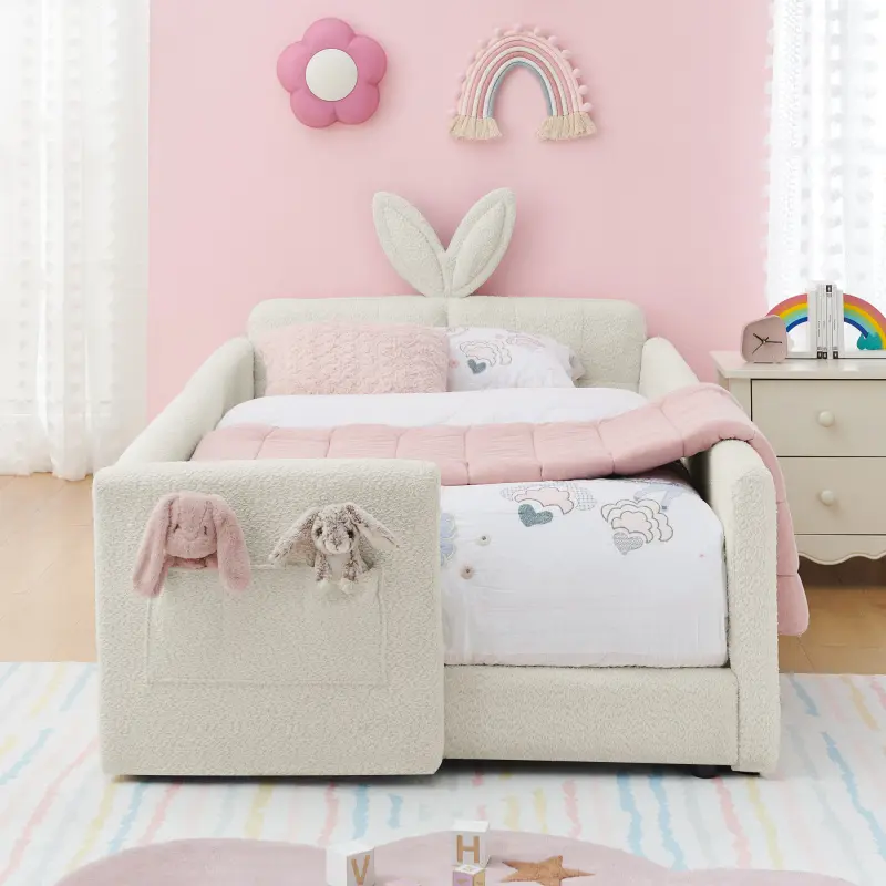 Cozy Twin Size Upholstered Platform Bed - Classic  Furniture Bedroom Bed Frame with Bunny Head Rabbit Ear Charm, Safety Rail, Boucle Fabric Tidy Pocket, Beige, Assembly Required