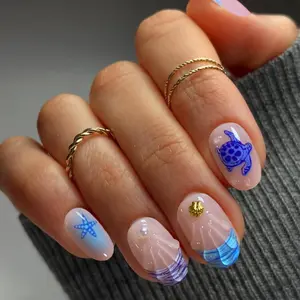 24pcs Short Oval Starfish Shell Cute Turtle Pearl Accents Acrylic Press-On Nails Set, Includes Jelly Glue and Nail File, Easy Wear