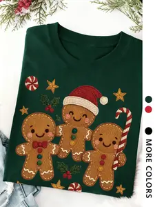 Christmas Gingerbread Man Print Casual T-Shirt, Fitted Style, Daily Wear, Simple Design, Suitable for All Seasons, Perfect Gift