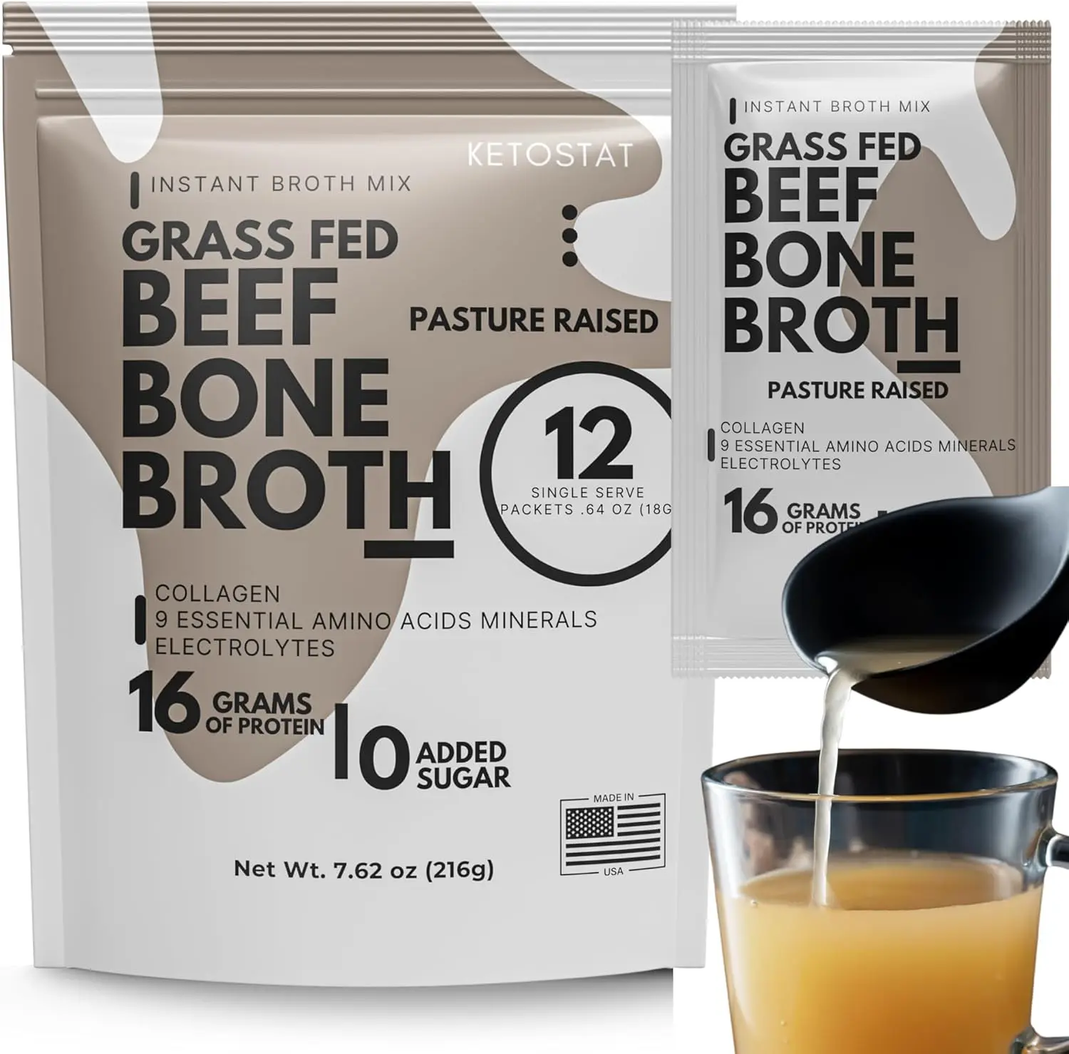 Ketostat Bone Broth Packets Grass-Fed Beef 18g Protein Powder 12 Ct,16g hydrolyzed collagen Beef Soup Powder ,Made in USA,Instant Soup Mix