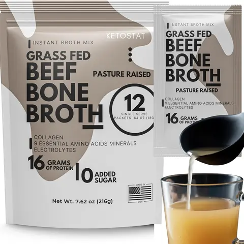 Ketostat  Beef Bone Broth  Packets - 12 Ct, 18g Protein, 16g Hydrolyzed Collagen, Instant Soup Mix, Made in USA Colagen. Soup Powder
