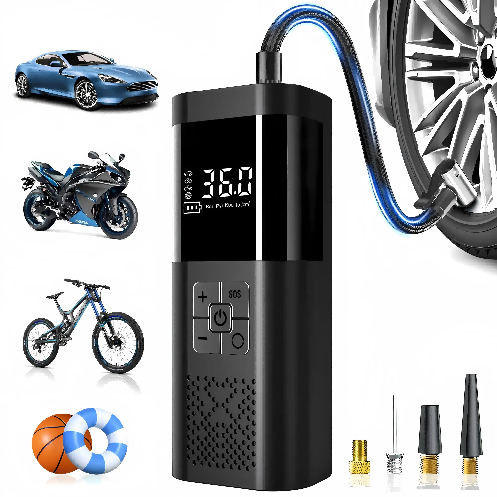 Cordless Automotive Tire Inflator - 3X Fast 150 PSI Electric Air Compressor with Pressure Gauge, LED Flashlight/SOS/3, Auto Shutoff, USB-C Power Bank for Car, Motorcycle