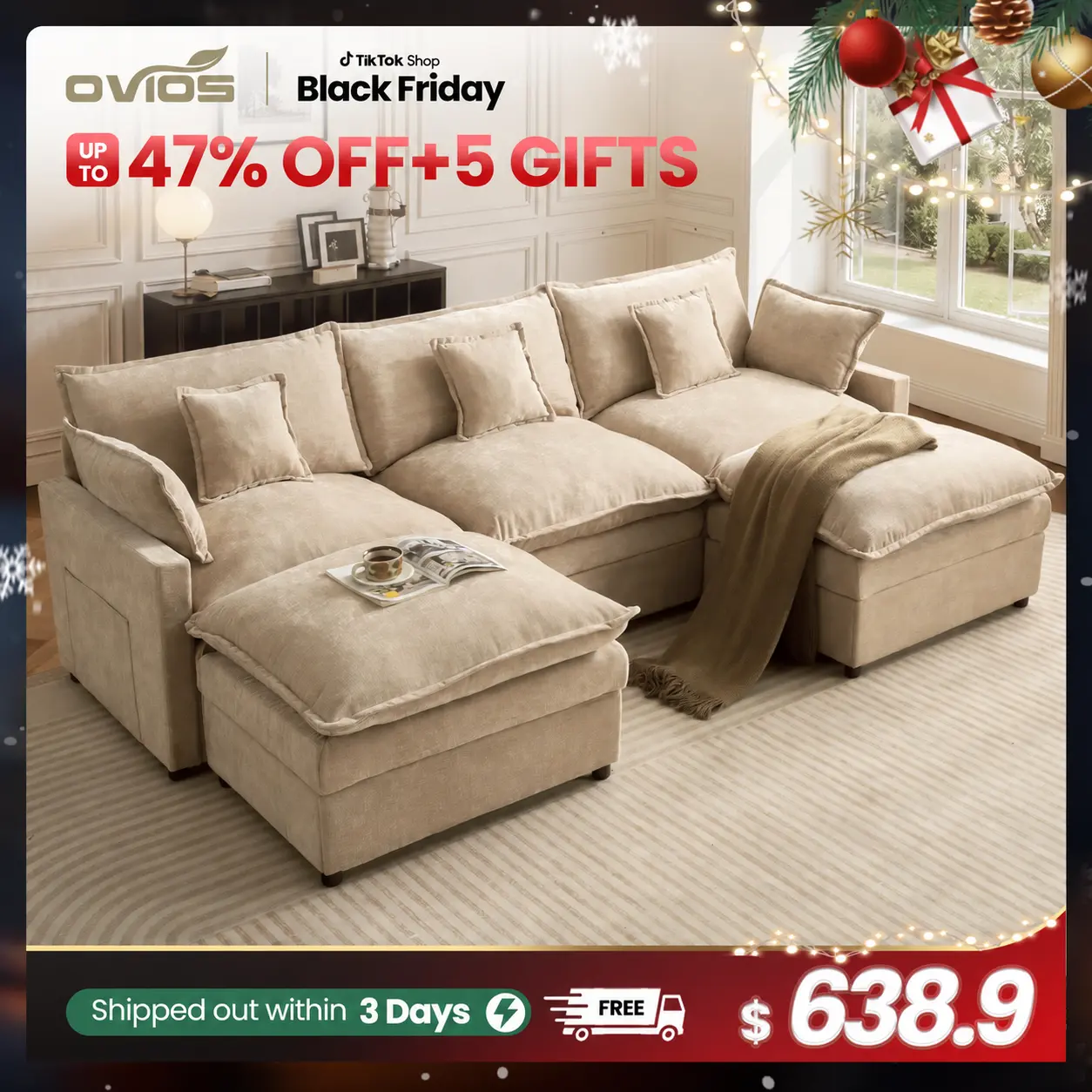 【2/3 Packages Shipping】Ovios 108" U-Shaped Modern Sofa Modular Sectional Cloud Couch with 2 Ottoman, Comfy Chenille Deep Seat Sofa Bed with 5 Pillows for Living Room, Bedroom and Apartment, 5-Seater
