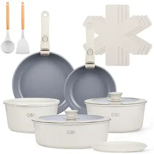 KOCH SYSTEME CS 17pcs Pots and Pans Set Non Stick, Nonstick Ceramic Cookware Set Detachable Handle, Induction Kitchen Pot and Pan Set, Non Stick with Removable Handle, RV Cookware Set, Cream White Non-Stick