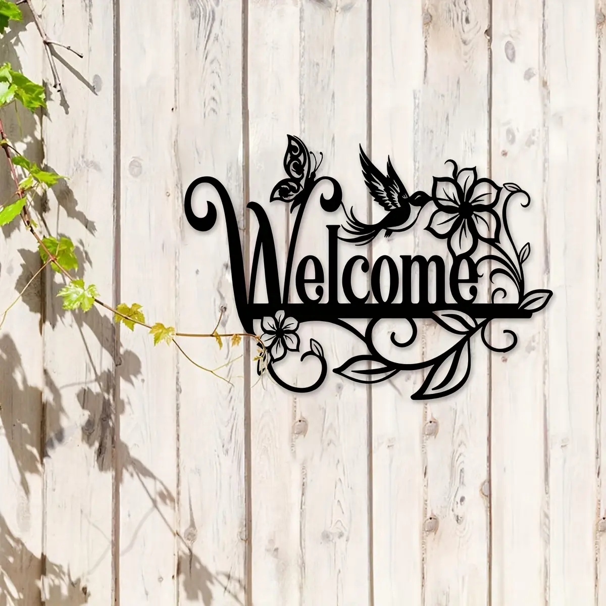 1 large welcome sign metal wall decoration, cursive floral pattern, outdoor garden art, Garden Signs, durable iron structure, courtyard and foyer decoration, with easy hooks attached, holiday gift, Home Decor Gifts, large 15.75x11.34 inches