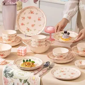 8/10/16/24 piece ceramic tableware set, Dinnerware service set, peach blossom pattern, cute pink, including rice bowl, plate, soup bowl, spoon, for vegetables, salads, fruits, suitable for home use, restaurants, parties, Tableware Kit