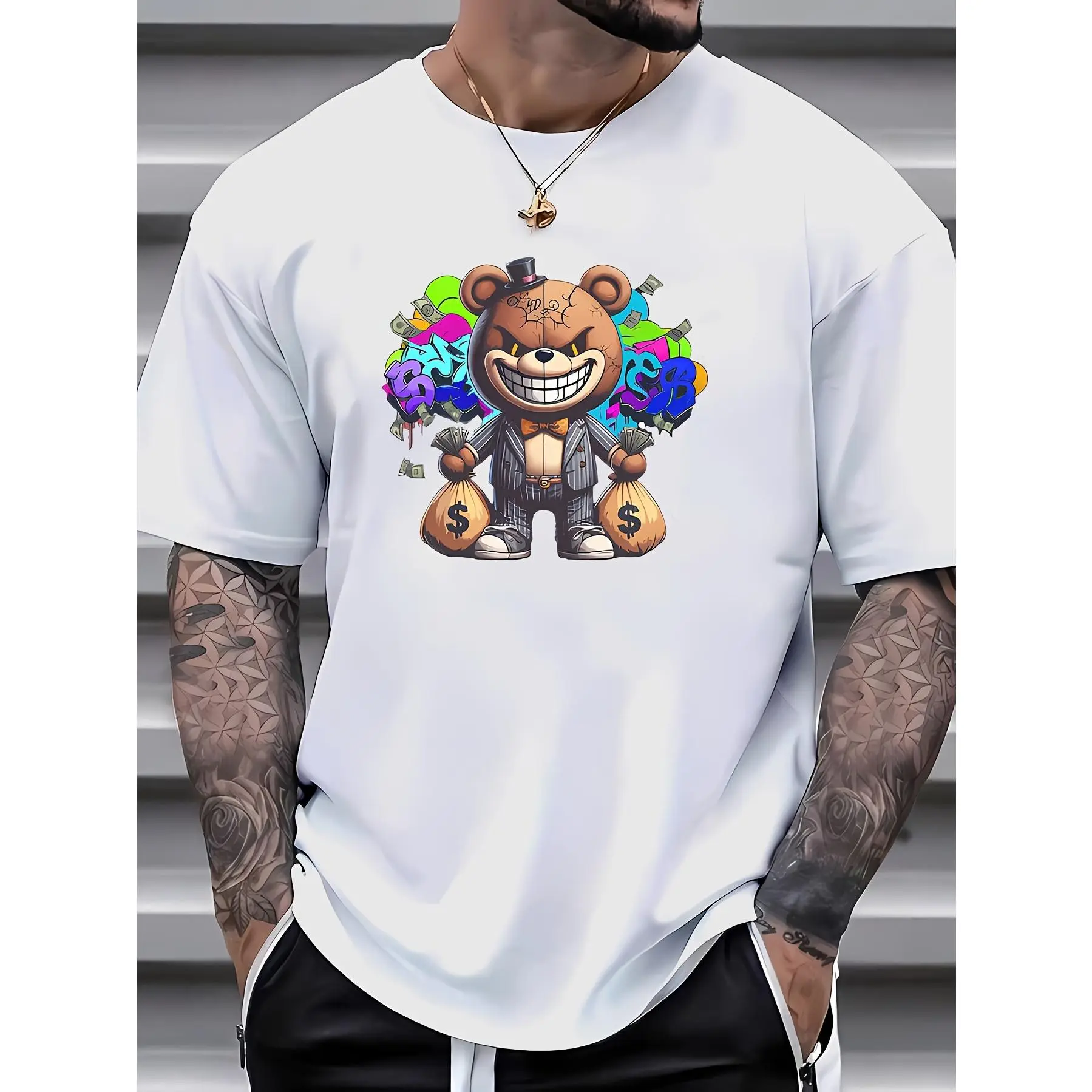Hip Hop Graffiti Money Bag Bear Graphic T-Shirt, Suit Gangster Teddy Bear Color Splash Street Art Print Short Sleeve Tee, Unisex 100% Cotton Knit Slight Stretch Round Neck Casual Summer Sport Top, Shortsleeve, Menswear, Sportswear, Fabric, Knitting, Tops,