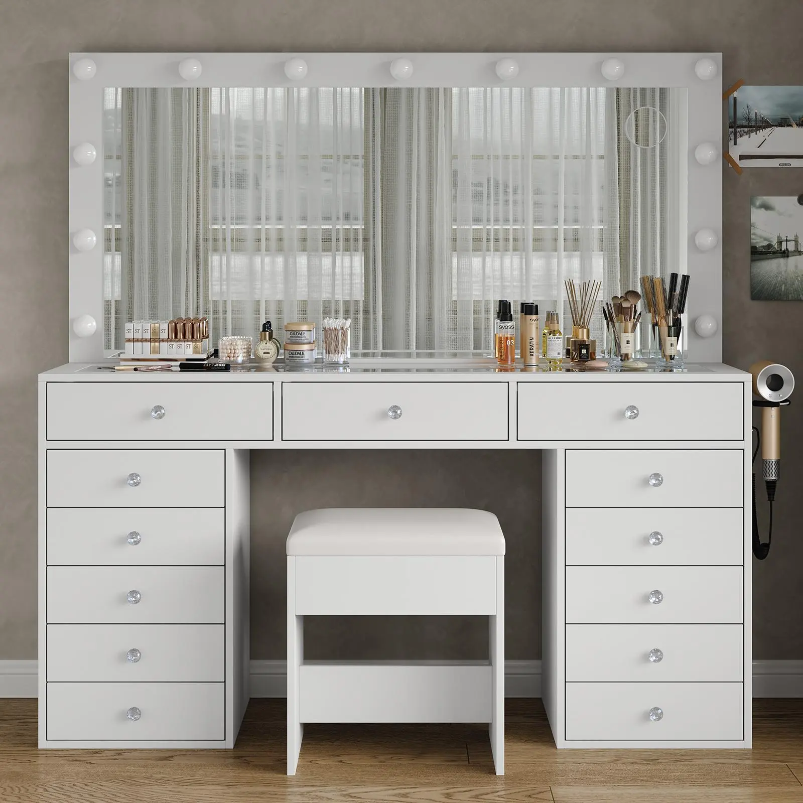 FUSOU 55"W 13 Drawers Vanity Desk, [Shipping By 2 Packages],Makeup Vanity with Power Outlet, Vanity Table with Mirror and 13 LED Bulbs, 3 Color Lighting Modes, Glass Top, Dressing Table for Bedroom,SummerVibe