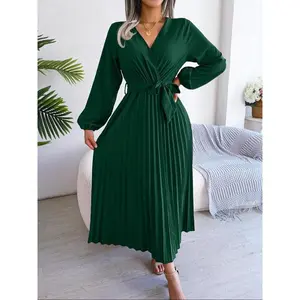 Women’s pleated flat-waist dress, elegant V-neck A-line dress with bishop sleeves for spring and autumn, women’s everyday wear, dignified style GARMENTARY