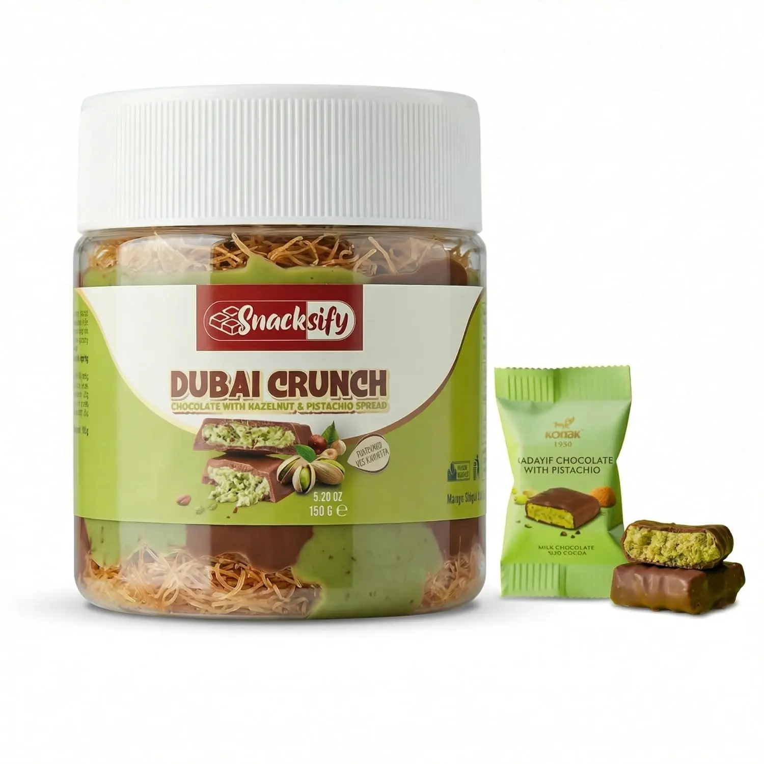 Dubai Crunch Pistachio Chocolate Spread with Crispy Kataifi & Mini Dubai Chocolate, Creamy Pistachio Hazelnut Cocoa Spread, Gourmet Dessert Jar, 5.29 oz (150g), Perfect for Toast, Pastries & Snacks